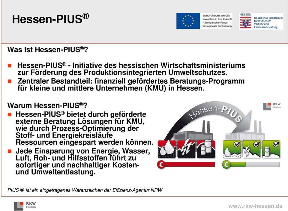 Hessen-PIUS bietet durch geförderte externe Beratung Lösungen für KMU, wie durch Prozess-Optimierung der Stoff- und Energiekreisläufe Ressourcen eingespart werden