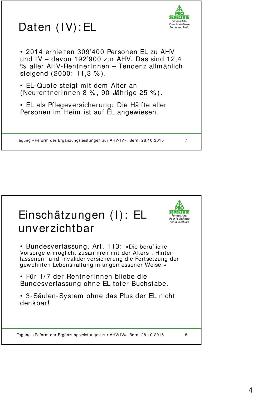 Tagung «Reform der Ergänzungsleistungen zur AHV/IV», Bern, 28.10.2015 7 Einschätzungen (I): EL unverzichtbar Bundesverfassung, Art.
