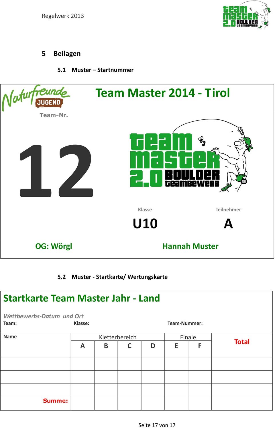 2 Muster - Startkarte/ Wertungskarte Startkarte Team Master Jahr - Land