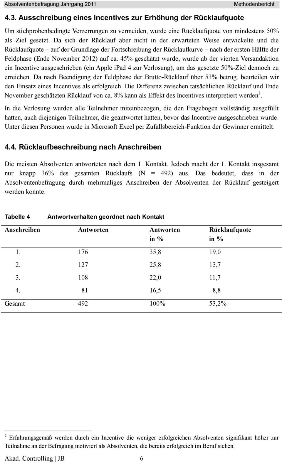 2012) auf ca. 45% geschätzt wurde, wurde ab der vierten Versandaktion ein Incentive ausgeschrieben (ein Apple ipad 4 zur Verlosung), um das gesetzte 50%-Ziel dennoch zu erreichen.