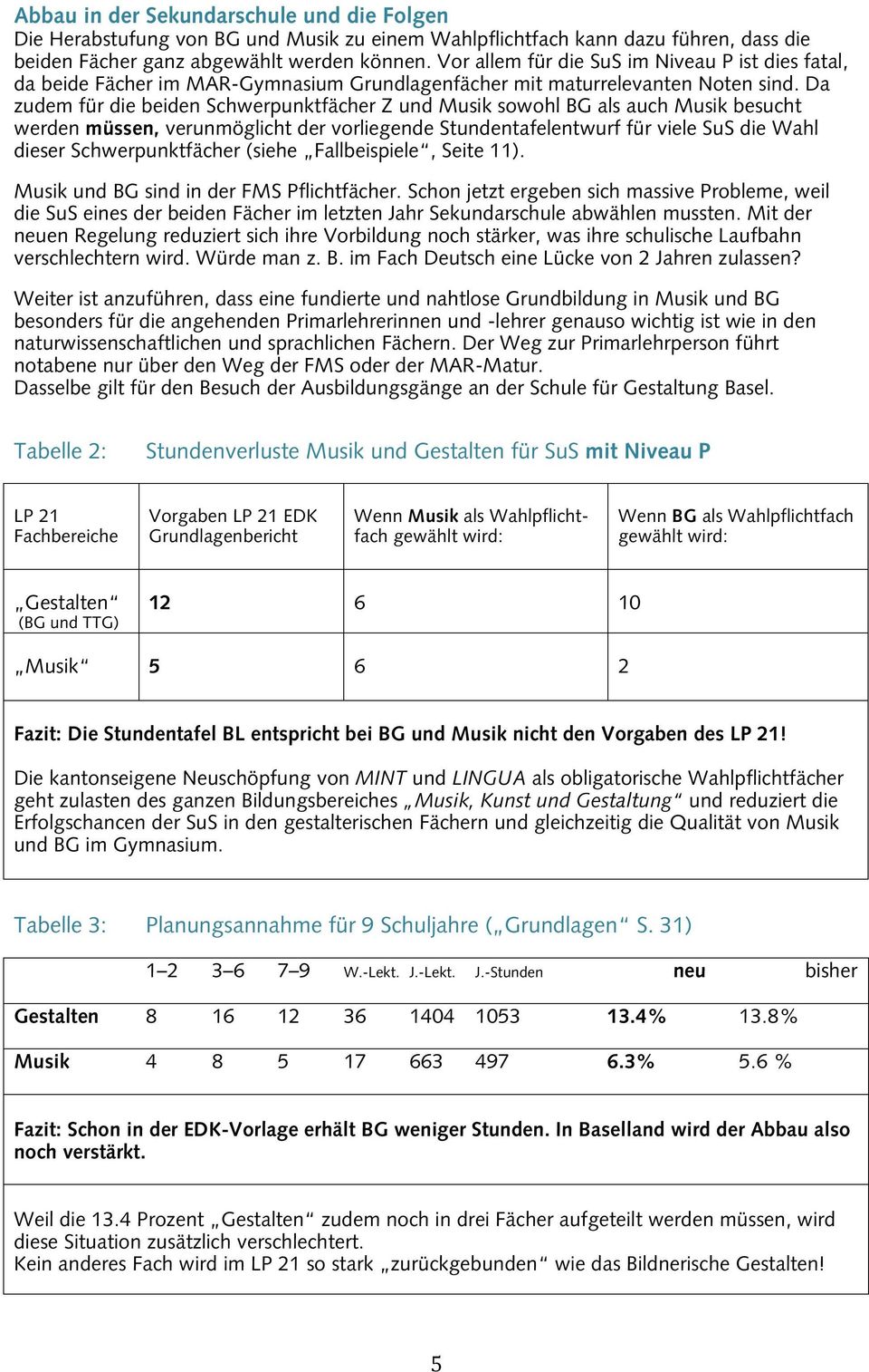 Da zudem für die beiden Schwerpunktfächer Z und Musik sowohl BG als auch Musik besucht werden müssen, verunmöglicht der vorliegende Stundentafelentwurf für viele SuS die Wahl dieser Schwerpunktfächer