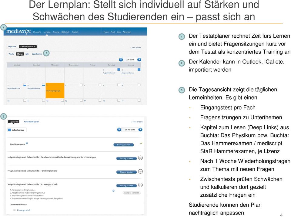 Es gibt einen - Eingangstest pro Fach - Fragensitzungen zu Unterthemen - Kapitel zum Lesen (Deep Links) aus Buchta: Das Physikum bzw.