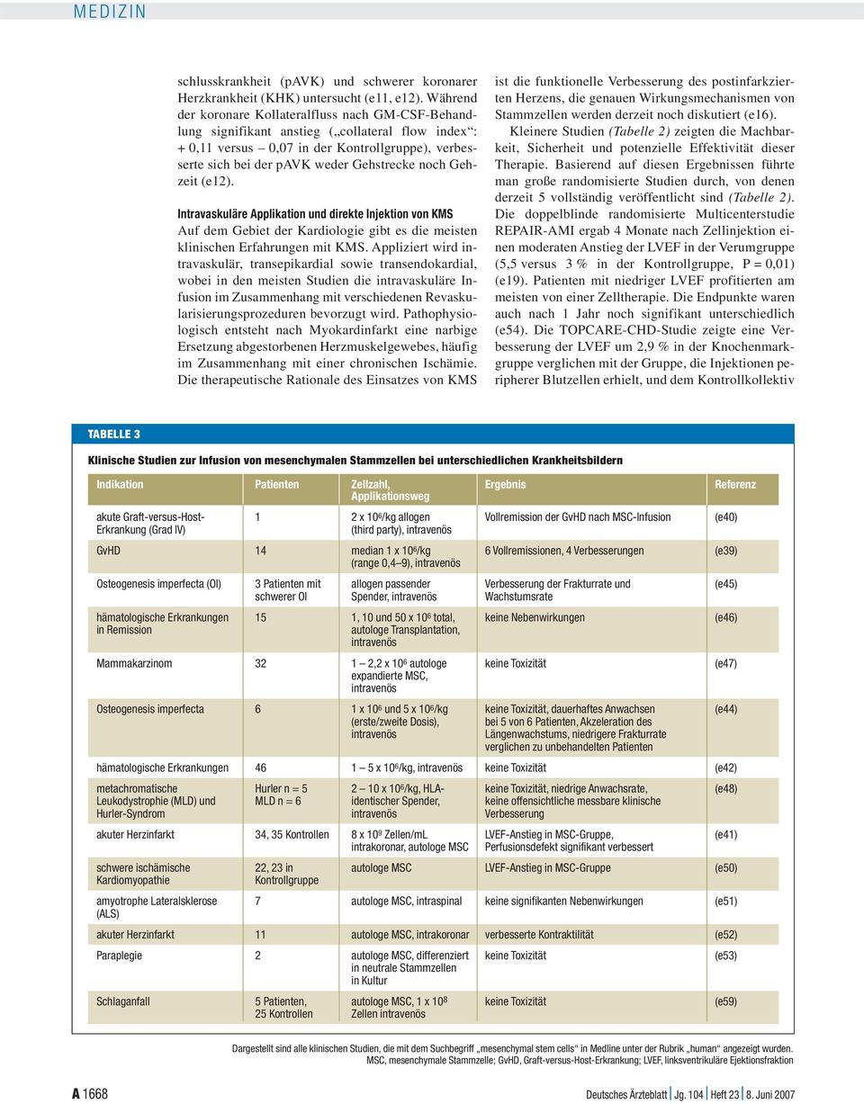 noch Gehzeit (e12). Intravaskuläre Applikation und direkte Injektion von KMS Auf dem Gebiet der Kardiologie gibt es die meisten klinischen Erfahrungen mit KMS.