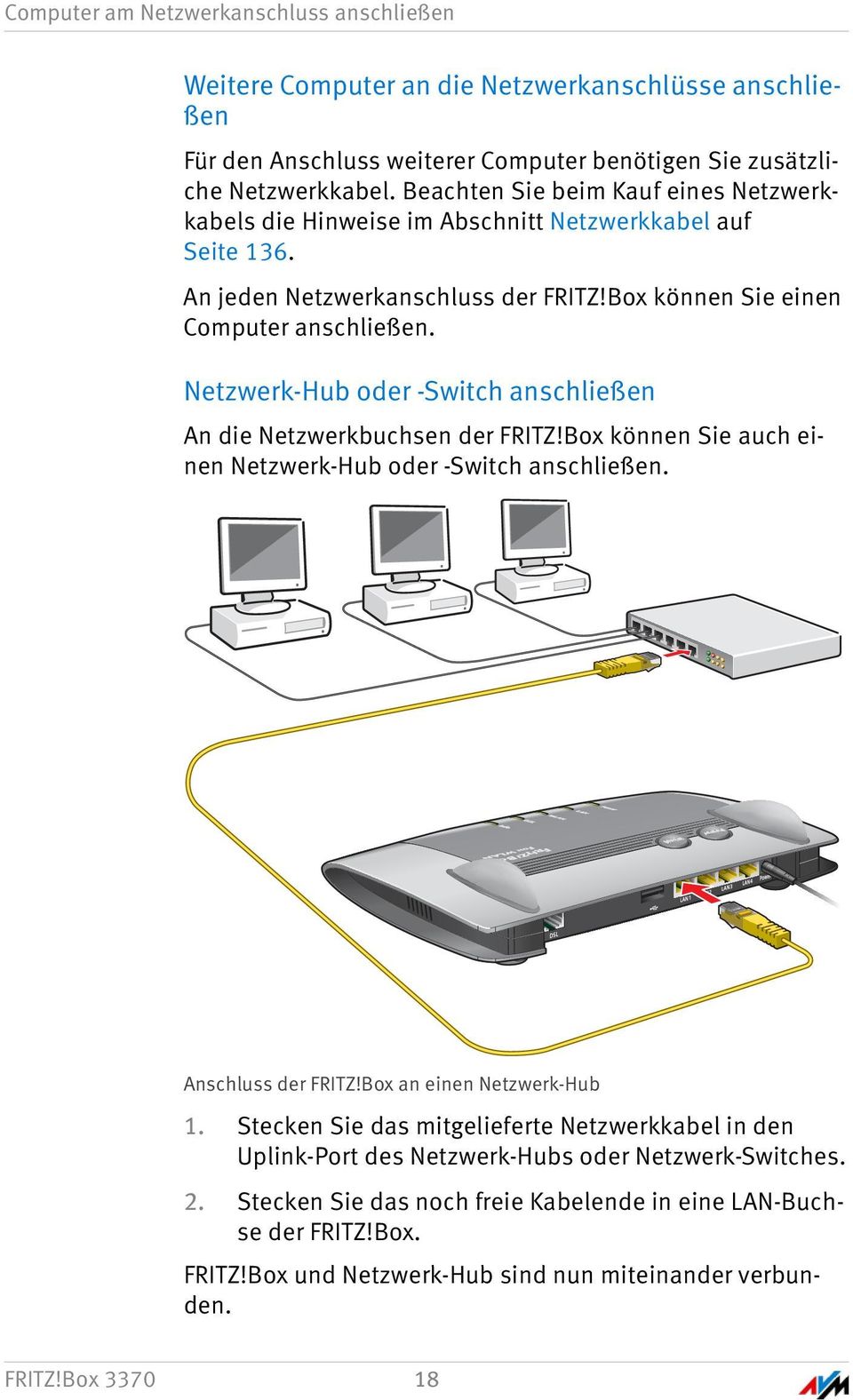 Netzwerk-Hub oder -Switch anschließen An die Netzwerkbuchsen der FRITZ!Box können Sie auch einen Netzwerk-Hub oder -Switch anschließen. Anschluss der FRITZ!Box an einen Netzwerk-Hub 1.