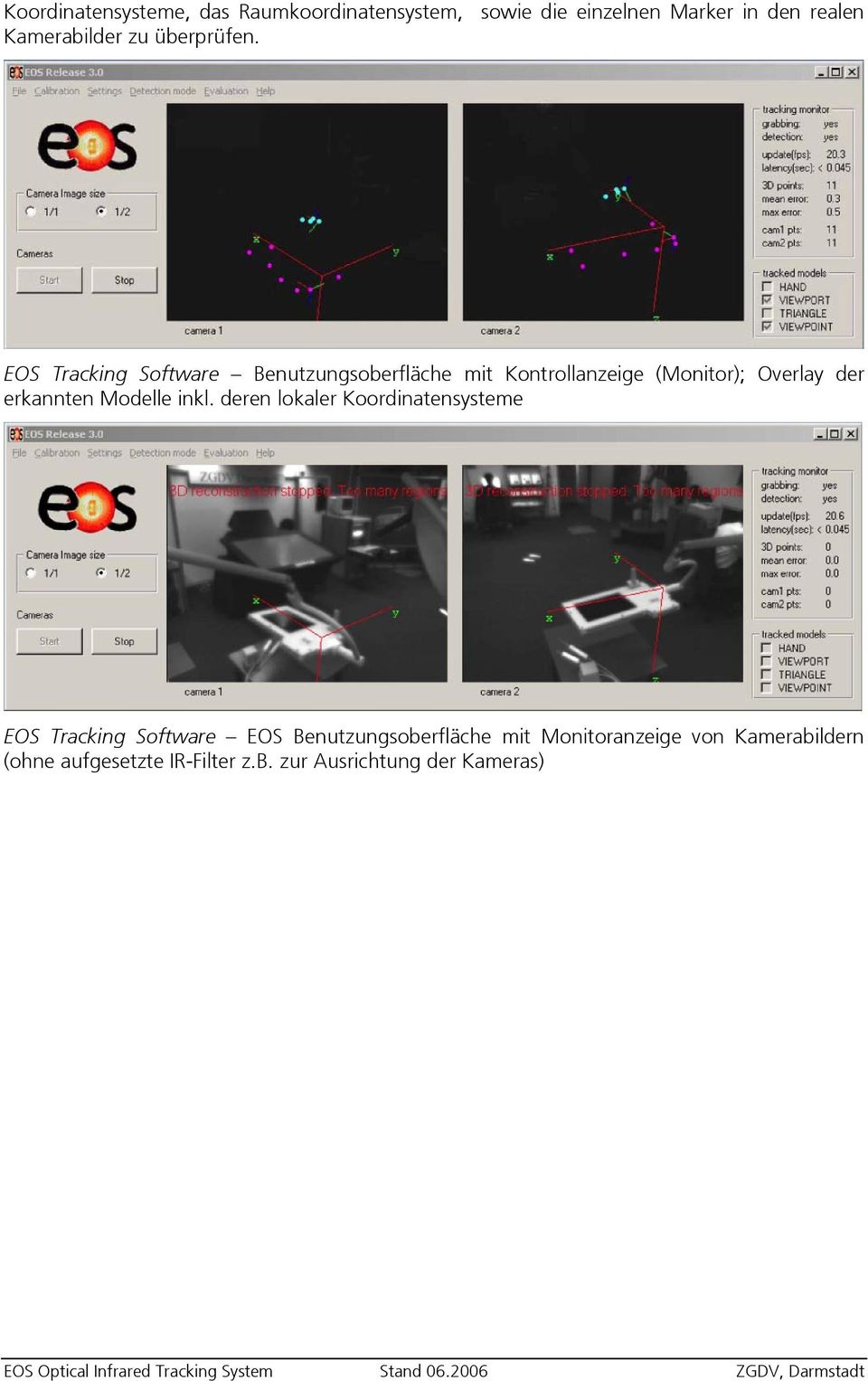 EOS Tracking Software Benutzungsoberfläche mit Kontrollanzeige (Monitor); Overlay der erkannten