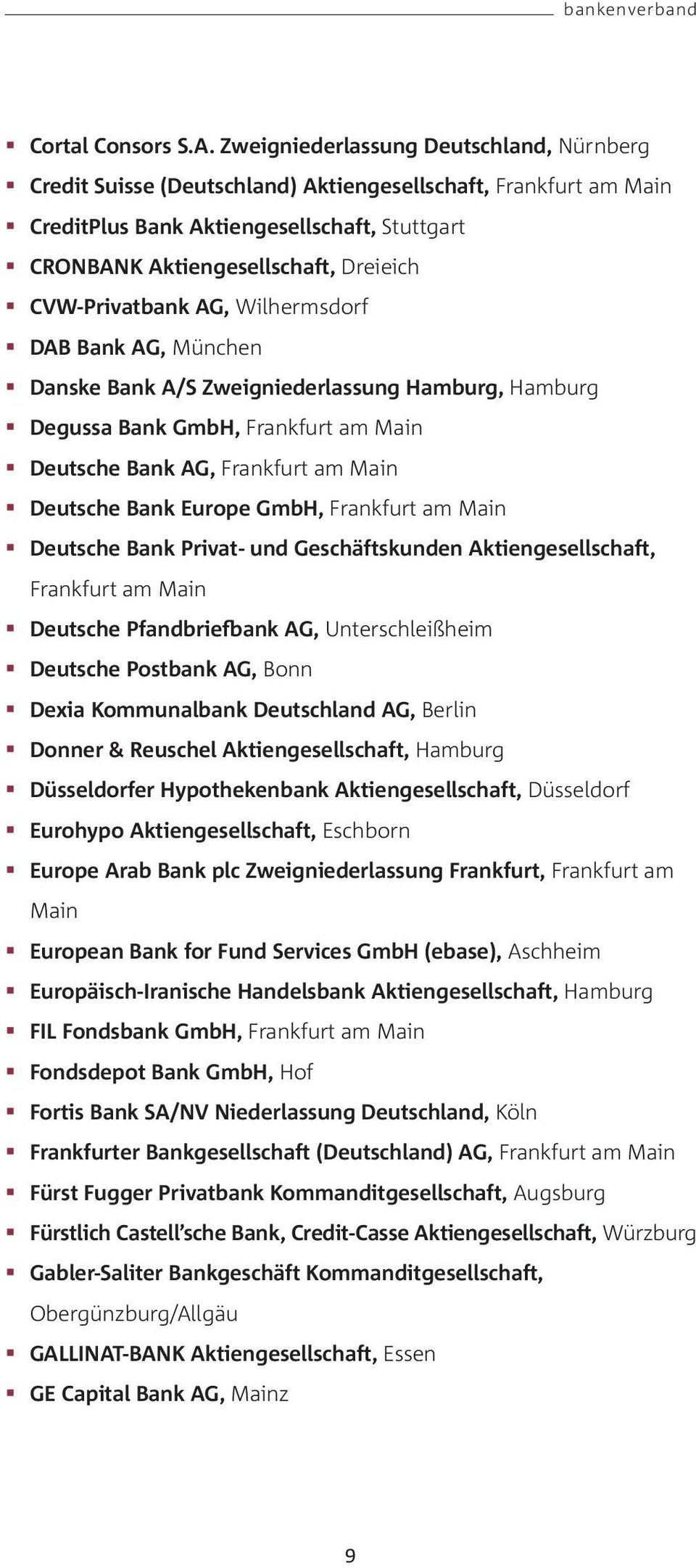 Wilhermsdorf DAB Bank AG, München Danske Bank A/S Zweigniederlassung Hamburg, Hamburg Degussa Bank GmbH, Deutsche Bank AG, Deutsche Bank Europe GmbH, Deutsche Bank Privat- und Geschäftskunden