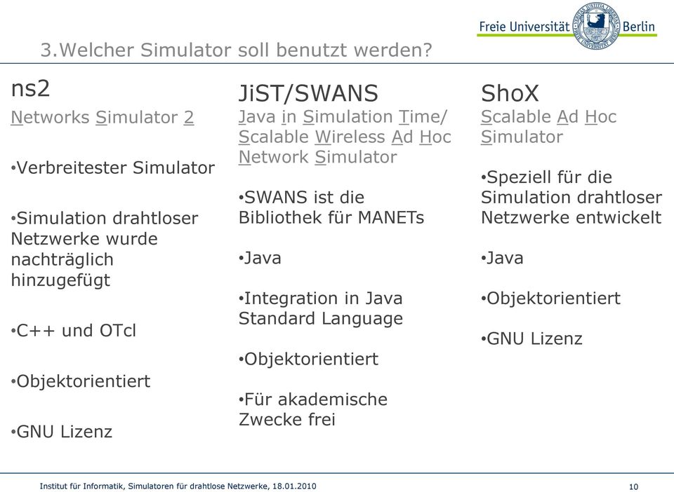Objektorientiert GNU Lizenz JiST/SWANS Java in Simulation Time/ Scalable Wireless Ad Hoc Network Simulator SWANS ist die