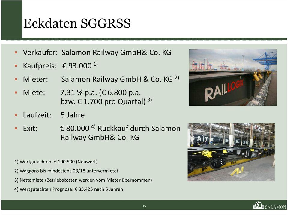 000 4) Rückkauf durch Salamon Railway GmbH& Co. KG 1) Wertgutachten: 100.