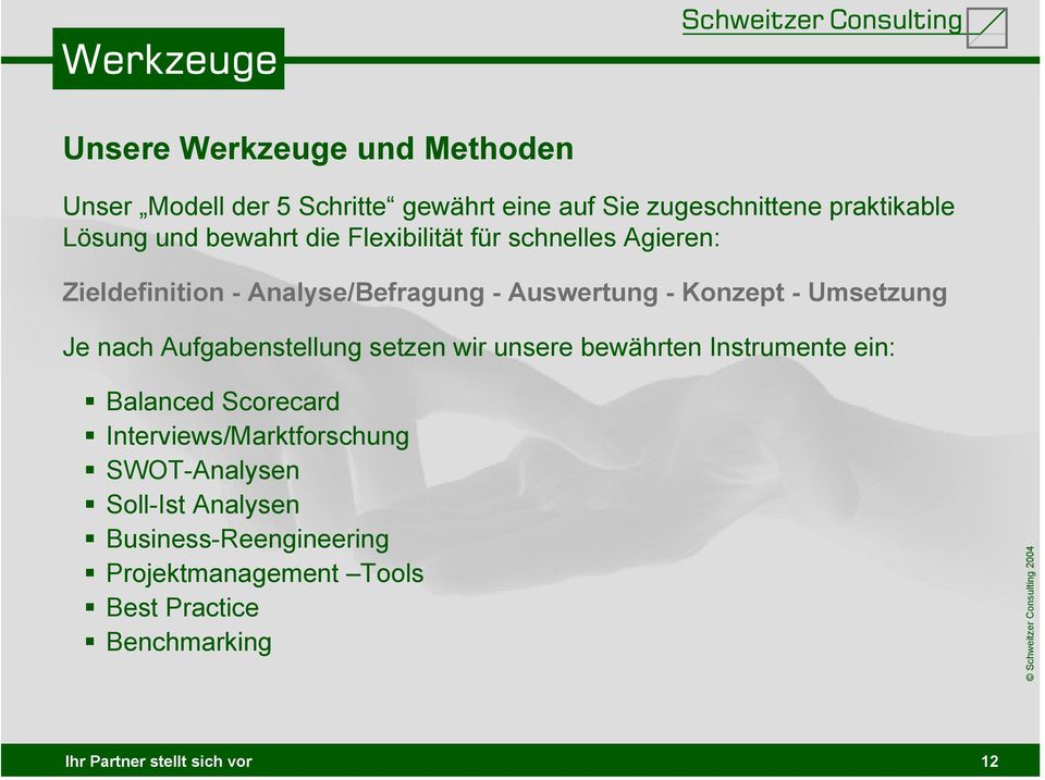 nach Aufgabenstellung setzen wir unsere bewährten Instrumente ein: Balanced Scorecard Interviews/Marktforschung SWOT-Analysen