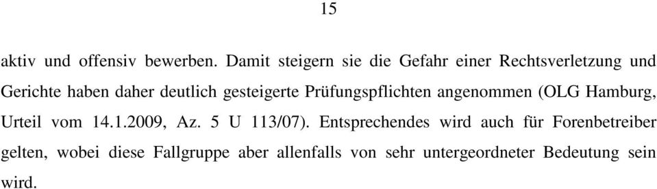 gesteigerte Prüfungspflichten angenommen (OLG Hamburg, Urteil vom 14.1.2009, Az.