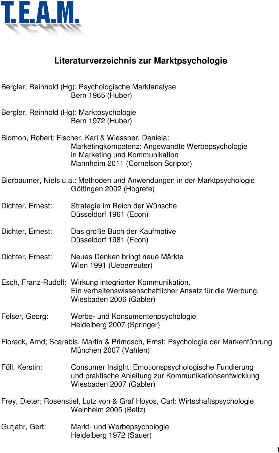 Göttingen 2002 (Hogrefe) Strategie im Reich der Wünsche Düsseldorf 1961 (Econ) Das große Buch der Kaufmotive Düsseldorf 1981 (Econ) Neues Denken bringt neue Märkte Wien 1991 (Ueberreuter) Esch,