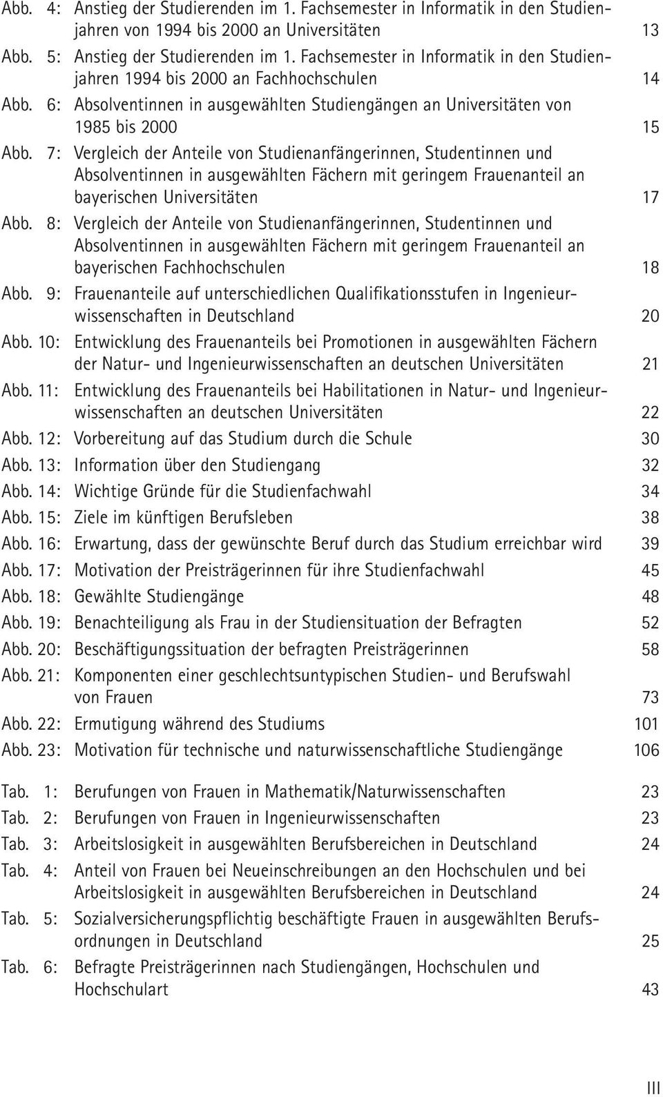 7: Vergleich der Anteile von Studienanfängerinnen, Studentinnen und Absolventinnen in ausgewählten Fächern mit geringem Frauenanteil an bayerischen Universitäten 17 Abb.