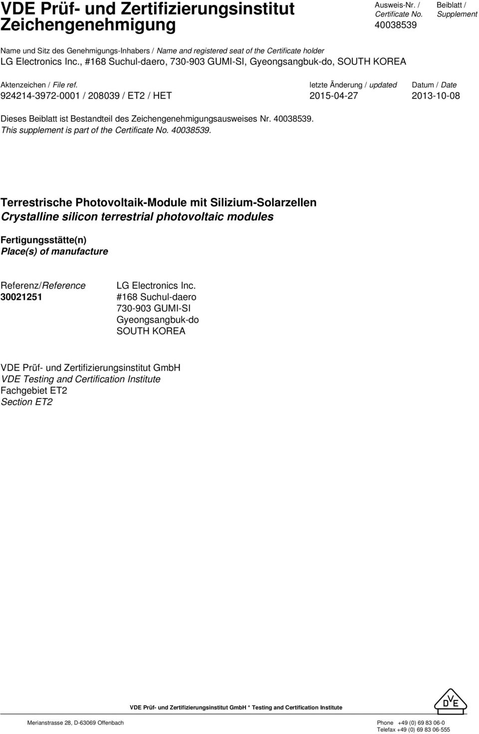 Fertigungsstätte(n) Place(s) of manufacture Referenz/Reference 30021251 LG Electronics Inc.