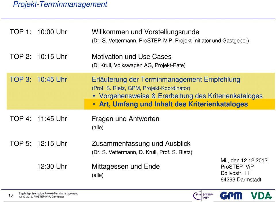 Krull, Volkswagen AG, Projekt-Pate) Erläuterung der Terminmanagement Empfehlung (Prof. S.