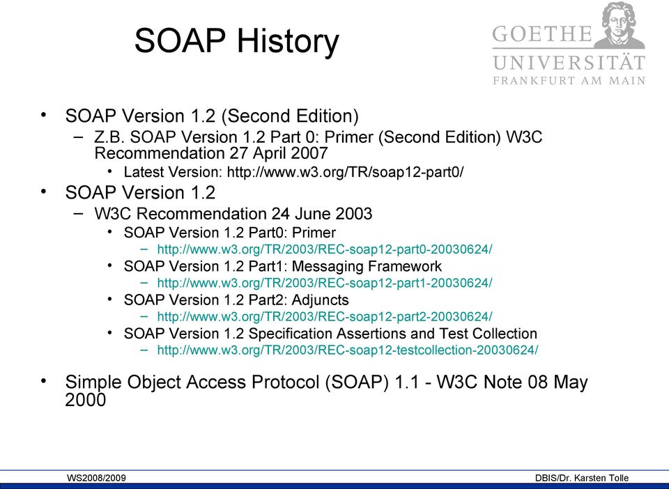2 Part1: Messaging Framework http://www.w3.org/tr/2003/rec-soap12-part1-20030624/ SOAP Version 1.2 Part2: Adjuncts http://www.w3.org/tr/2003/rec-soap12-part2-20030624/ SOAP Version 1.
