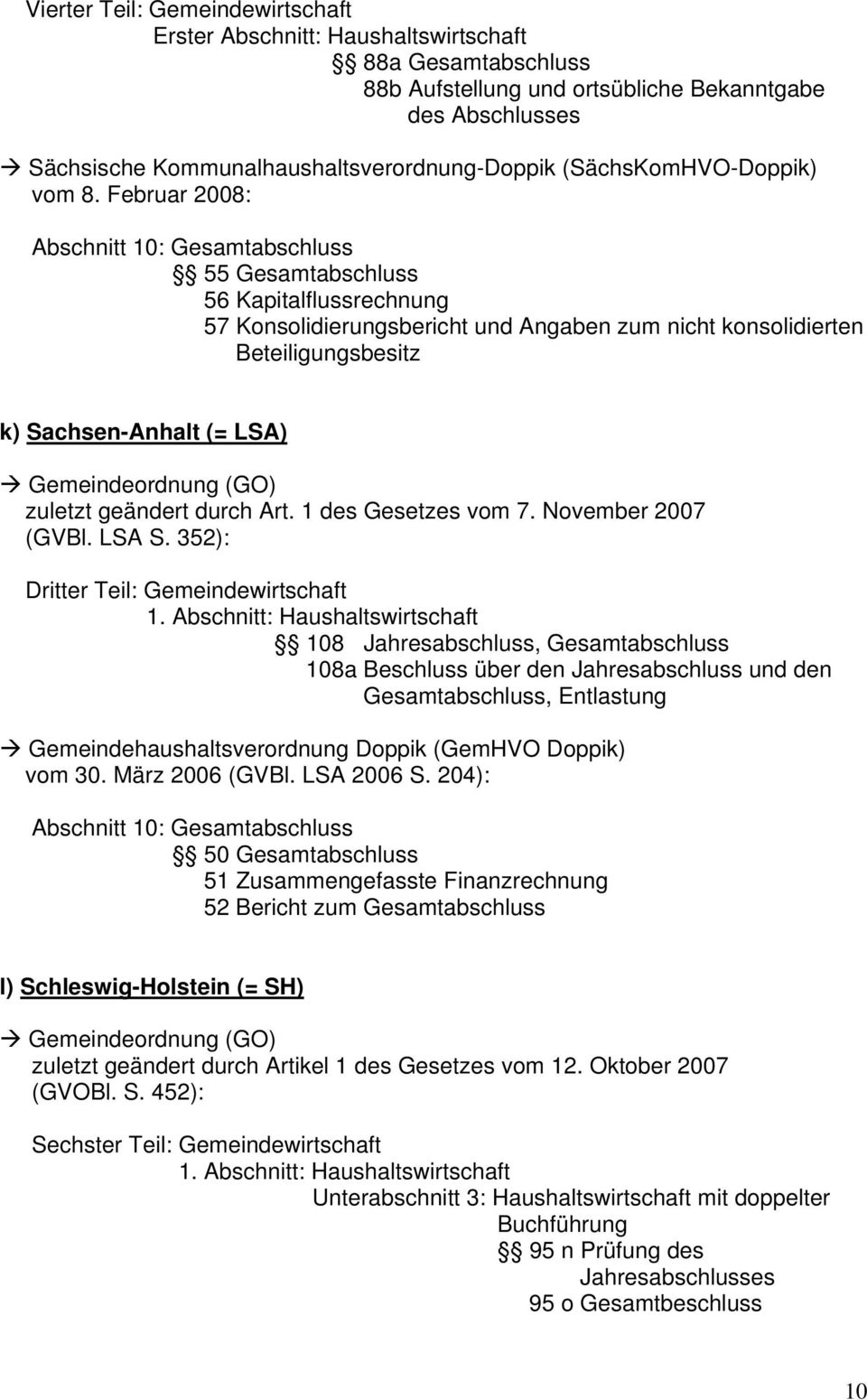 Februar 2008: Abschnitt 10: Gesamtabschluss 55 Gesamtabschluss 56 Kapitalflussrechnung 57 Konsolidierungsbericht und Angaben zum nicht konsolidierten Beteiligungsbesitz k) Sachsen-Anhalt (= LSA)
