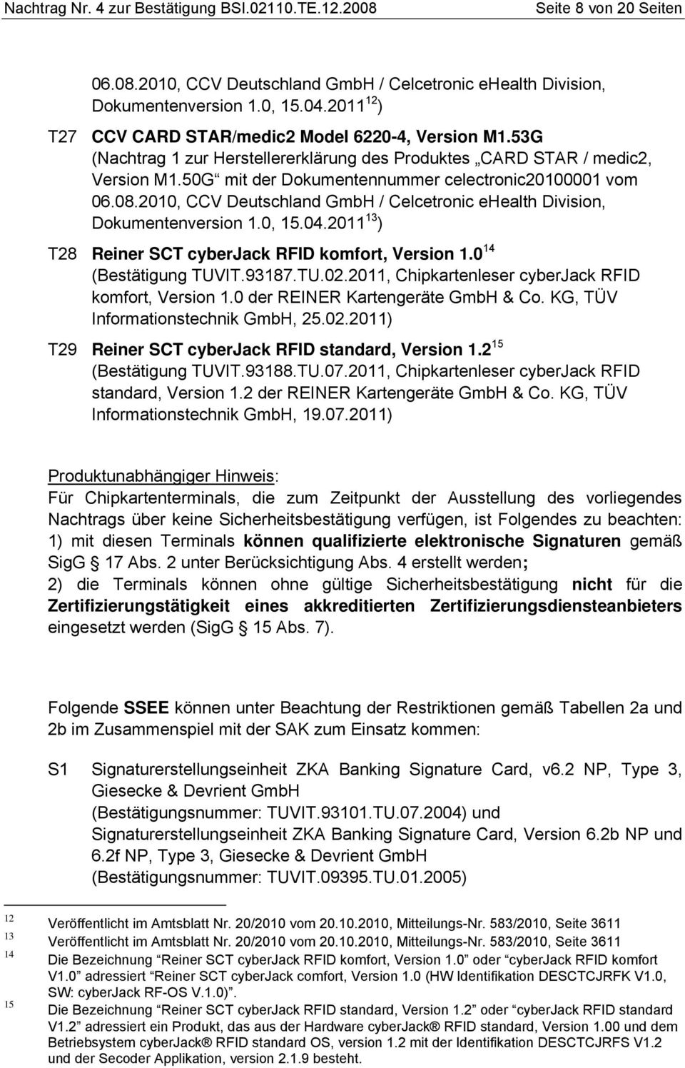2010, CCV Deutschland GmbH / Celcetronic ehealth Division, Dokumentenversion 1.0, 15.04.2011 13 ) T28 Reiner SCT cyberjack RFID komfort, Version 1.0 14 (Bestätigung TUVIT.93187.TU.02.