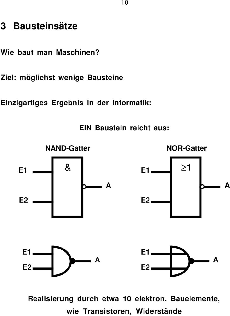 Informatik: EIN Baustein reicht aus: NAND-Gatter NOR-Gatter E1 E1 1 A