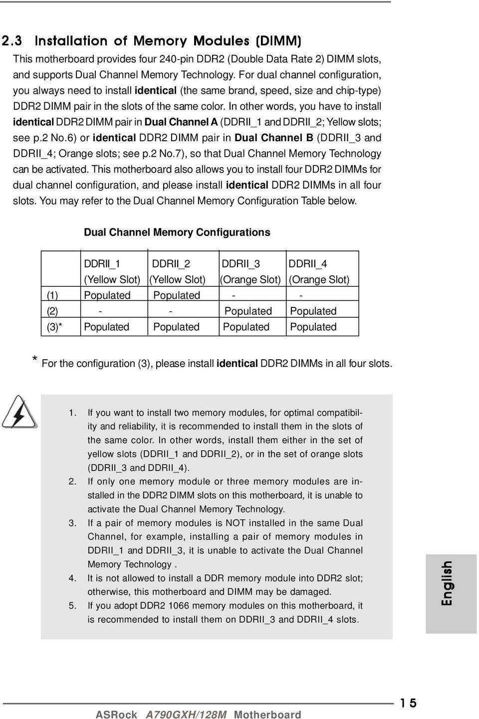 In other words, you have to install identical DDR2 DIMM pair in Dual Channel A (DDRII_1 and DDRII_2; Yellow slots; see p.2 No.