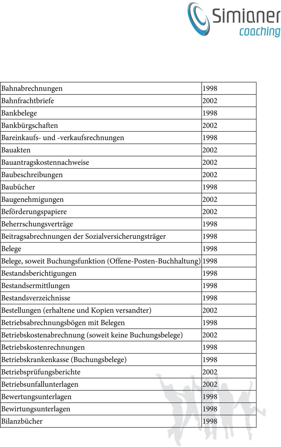 (Offene-Posten-Buchhaltung) 1998 Bestandsberichtigungen 1998 Bestandsermittlungen 1998 Bestandsverzeichnisse 1998 Bestellungen (erhaltene und Kopien versandter) 2002 Betriebsabrechnungsbögen mit