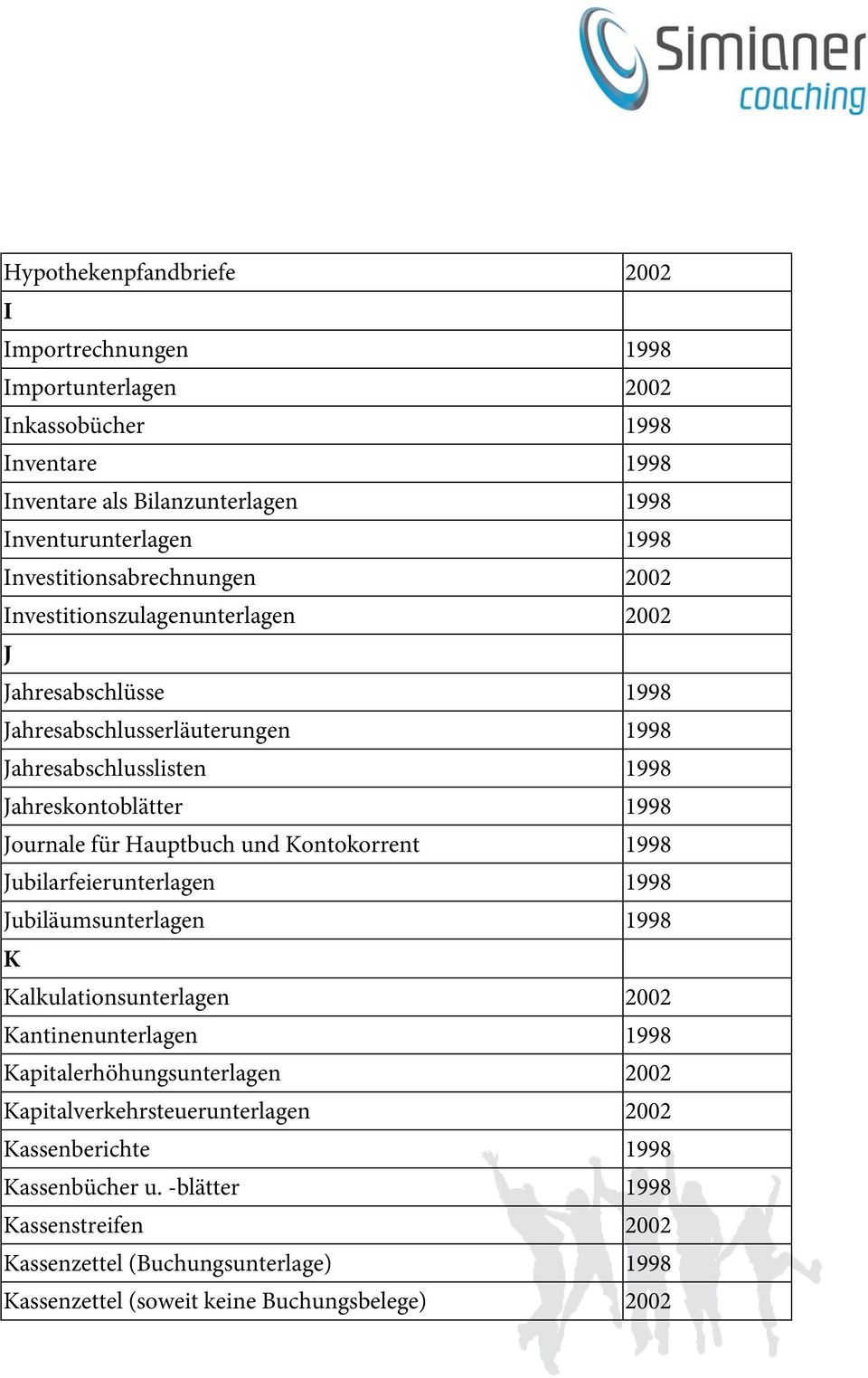 Journale für Hauptbuch und Kontokorrent 1998 Jubilarfeierunterlagen 1998 Jubiläumsunterlagen 1998 K Kalkulationsunterlagen 2002 Kantinenunterlagen 1998 Kapitalerhöhungsunterlagen