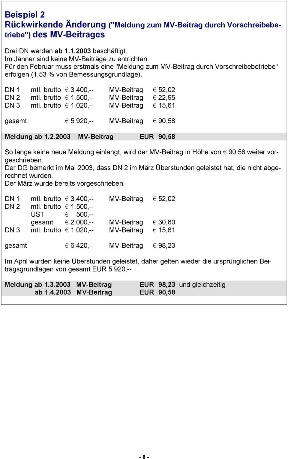 500,-- MV-Beitrag 22,95 DN 3 mtl. brutto 1.020,-- MV-Beitrag 15,61 gesamt 5.920,-- MV-Beitrag 90,58 Meldung ab 1.2.2003 MV-Beitrag EUR 90,58 So lange keine neue Meldung einlangt, wird der MV-Beitrag in Höhe von 90.