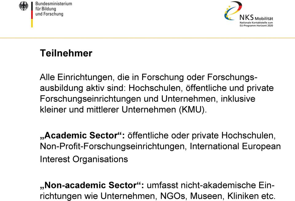 Academic Sector : öffentliche oder private Hochschulen, Non-Profit-Forschungseinrichtungen, International European