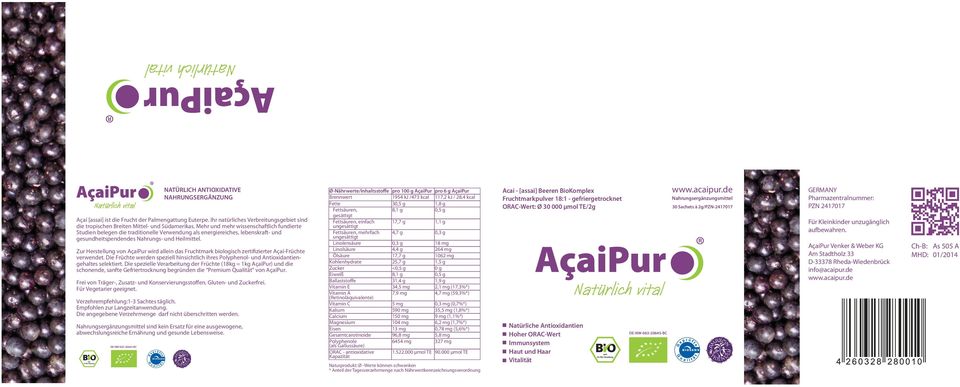 Zur Herstellung von AçaíPur wird allein das Fruchtmark biologisch zertiﬁzierter Açaí-Früchte verwendet.