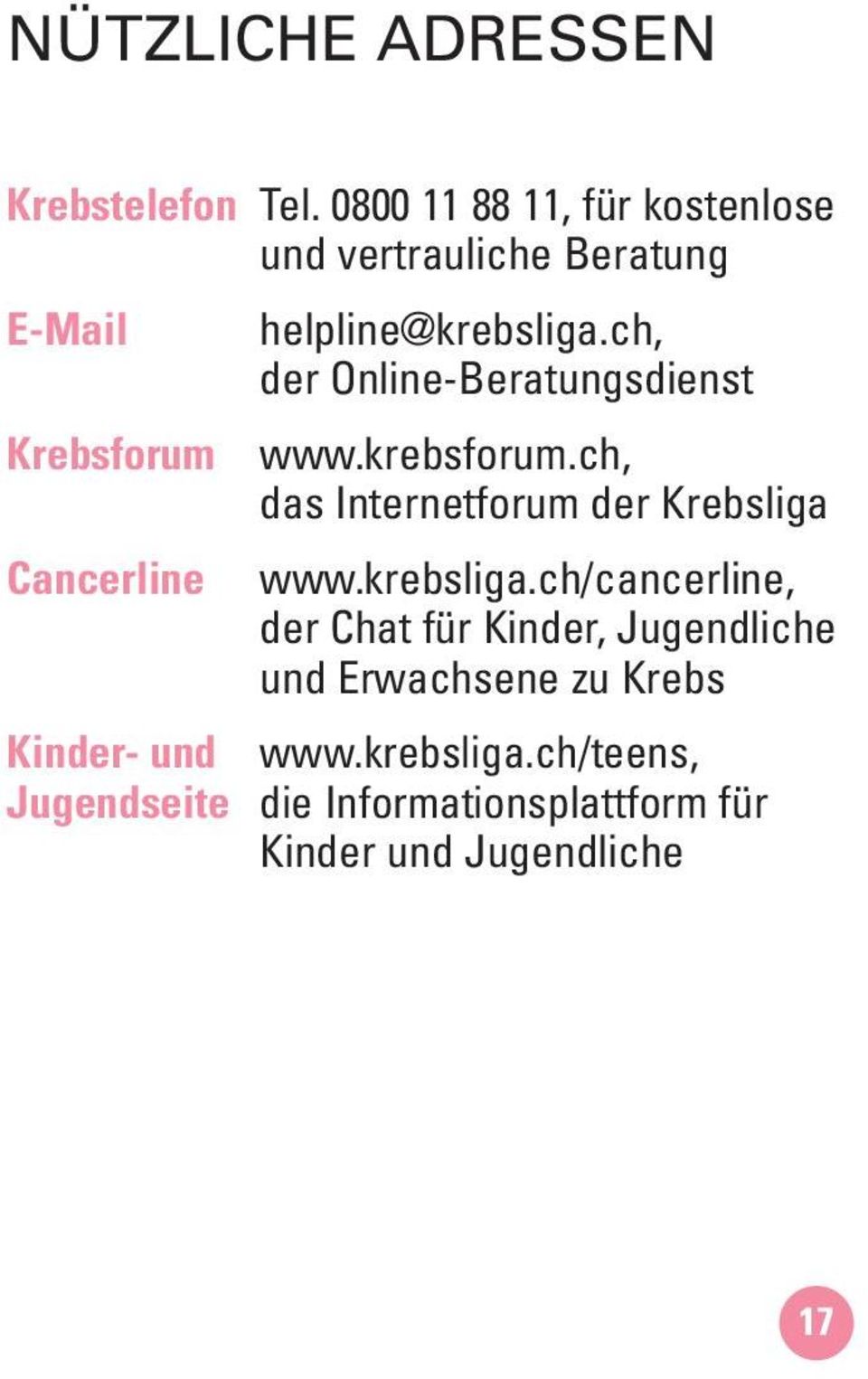 ch, der Online-Beratungsdienst Krebsforum www.krebsforum.