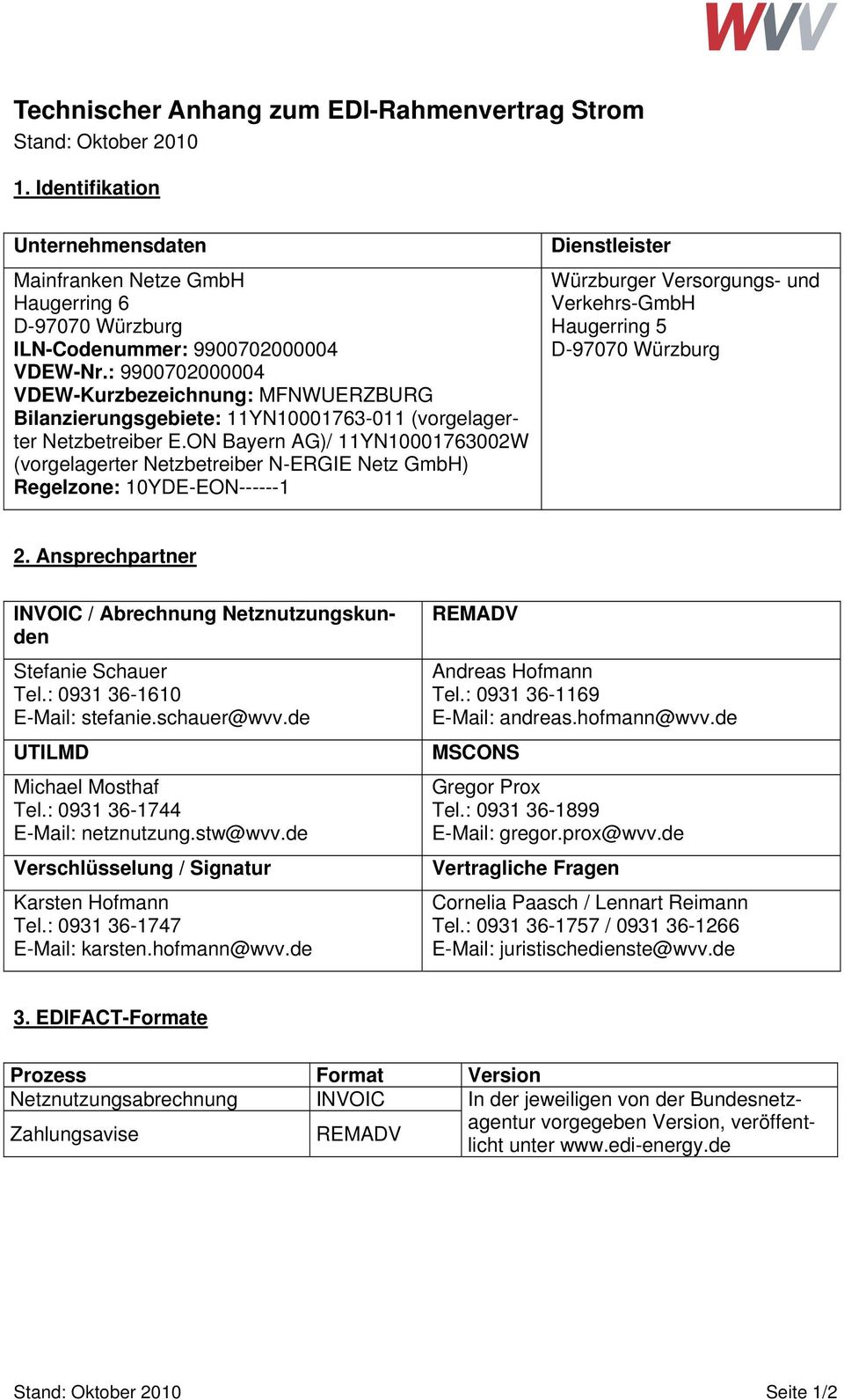 ON Bayern AG)/ 11YN10001763002W (vorgelagerter Netzbetreiber N-ERGIE Netz GmbH) Regelzone: 10YDE-EON------1 Dienstleister Würzburger Versorgungs- und Verkehrs-GmbH Haugerring 5 D-97070 Würzburg 2.