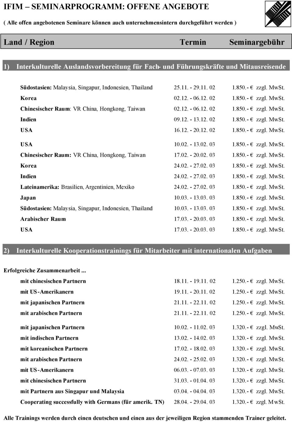 12. - 06.12. 02 1.850.- zzgl. MwSt. Indien 09.12. - 13.12. 02 1.850.- zzgl. MwSt. USA 16.12. - 20.12. 02 1.850.- zzgl. MwSt. USA 10.02. - 13.02. 03 1.850.- zzgl. MwSt. Chinesischer Raum: VR China, Hongkong, Taiwan 17.