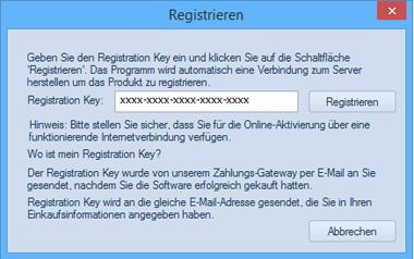 2. Ein Dialogfeld zur Online-Registrierung erscheint. 3. Geben Sie den Registrierungsschlüssel (den Sie per E-Mail nach dem Kauf des Produkts erhalten haben) in das Feld Registrierungsschlüssel ein.