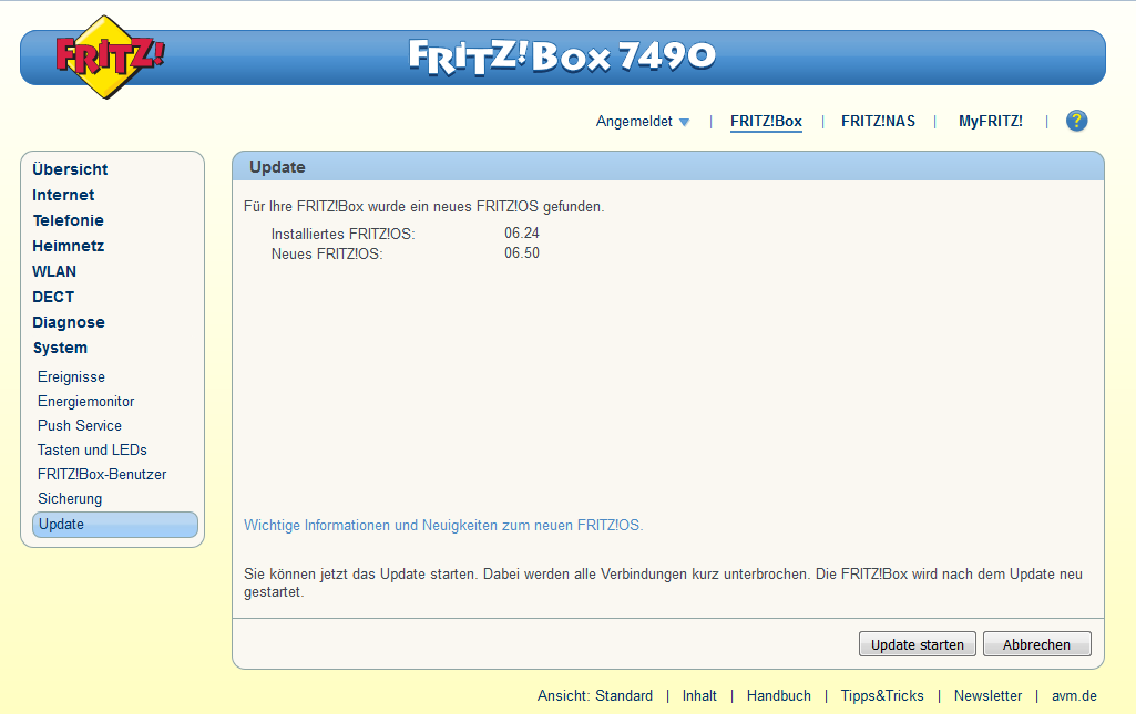 DSL-Verbindung manuell einrichten Abb. 25: FRITZ!Box 7490, Firmware-Update, neues FRITZ!OS gefunden 3. Auf Schaltfläche Update starten klicken, um das FRITZ!OS-Update auf die FRITZ!Box zu übertragen.