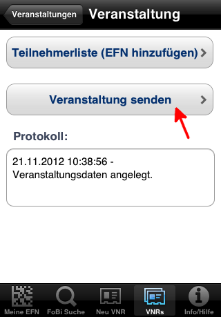 10. Wie übermittle ich eine Veranstaltung zum EIV? Wählen Sie im Reiter VNRs eine Veranstaltung aus und klicken Sie auf Veranstaltung senden (Abbildung 9).