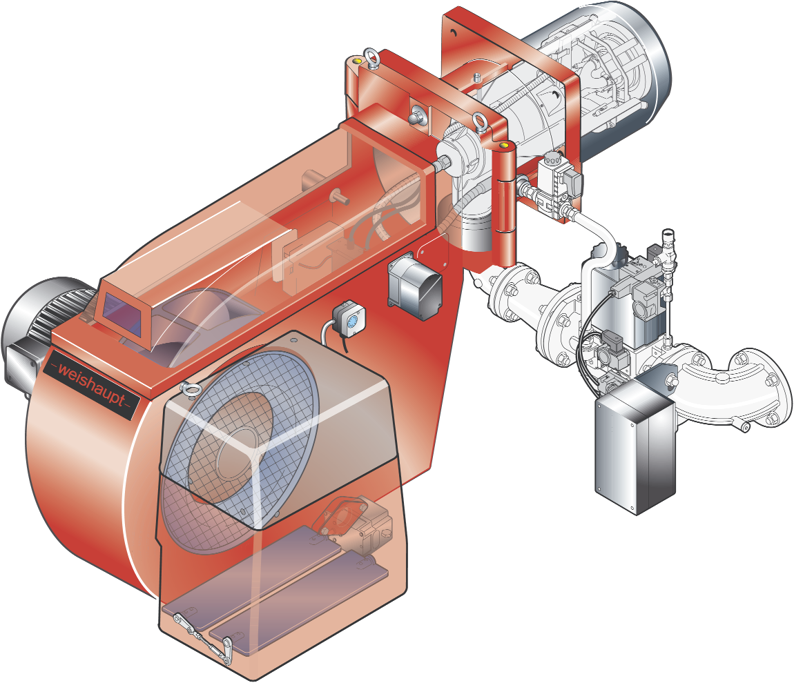 Brennermotor mit eingebautem Leistungsschütz Luftdruckwächter Rechts oder links ausschwenkbares Brennergehäuse multiflam Mischeinrichtung