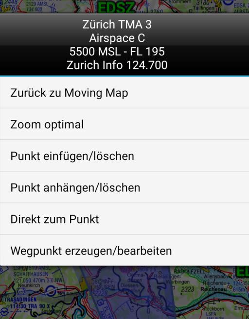 Der angetippte Punkt liegt in diesem Luftraum Zurück zum Moving Map Mode Optimalen Zoom einstellen Punkt in Route einfügen (*1) Punkt an das Ende der Route anhängen (*1) Direkte Route zum angetippten