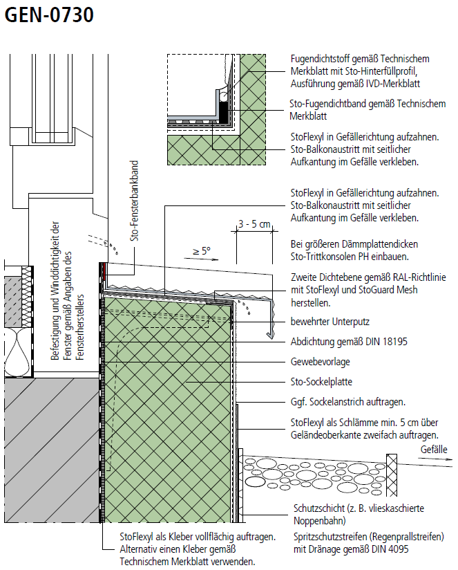 Balkon/Terrasse Anschluss eines Balkonaustritts mit zweiter Dichtebene gemäß RAL-Richtlinie Sto-Balkonaustritt Sto-Trittkonsole PH StoFlexyl als Mörtelbett auf fertiggestellter Armierungslage
