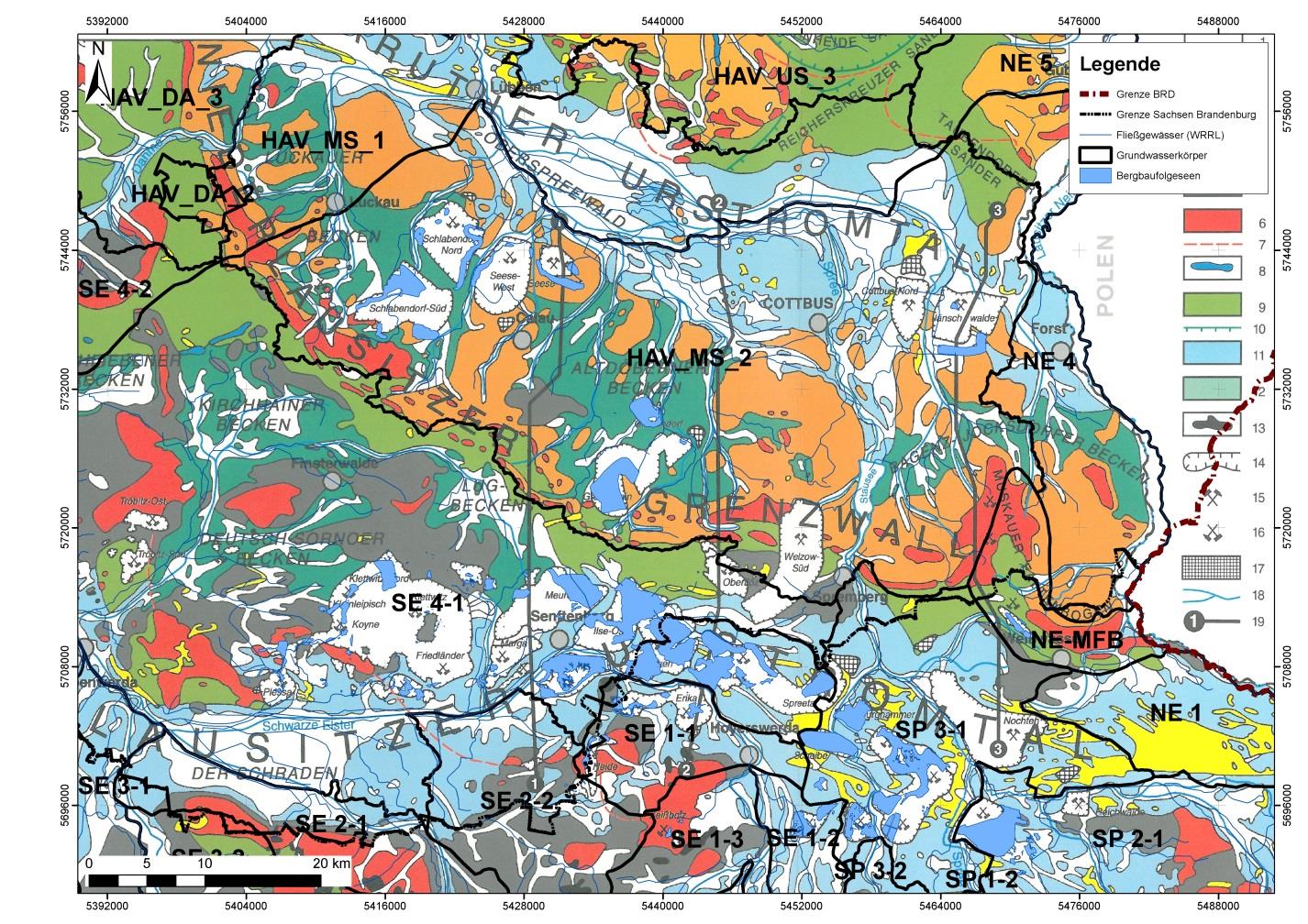Abb. 2-2: Geologische Übersichtskarte der Niederlausitz mit Grundwasserkörpern (Kartengrundlage: [U 2]) Die Lagerstätte Berzdorf hat sich in isolierten tektonischen Senken des Grundgebirges nördlich