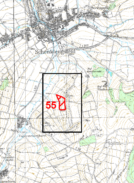 Lage der Teilfläche von FFH-Gebiet 5025-350 Kalkmagerrasen zwischen Morschen und Sontra, in der Gemeinde Schenklengsfeld/