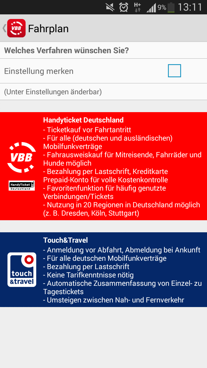 Auswahl HandyTicket-System: HandyTicket Deutschland Auswahl speichern?