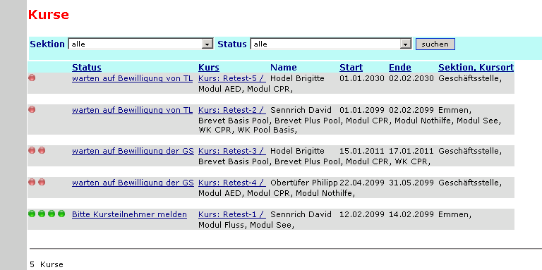 1.7 Kurse Unter dem Navigationspunkt Kurse/alle finden Sie die Kursübersicht Ihrer Sektion. Die Kurse sind standartmässig nach dem Status warten auf Bewilligung von TL gefiltert.