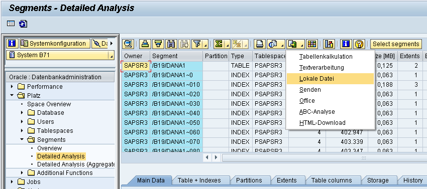 B) Extraktion der Tabelleninformation B1) Oracle Datenbank: SAP-Transaktion DB02 (hier für SAP BW 7.x) 1. Starten Sie die Transaktion DB02 2.