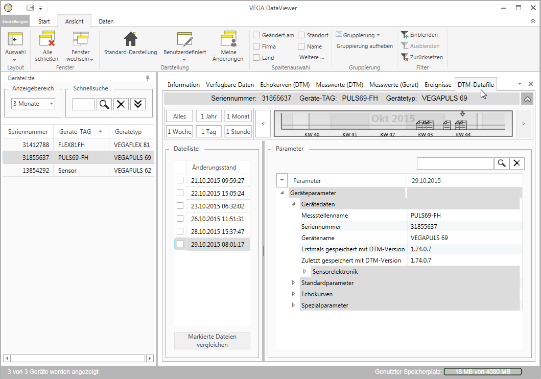 5 Bedienung DTM-Datafile Abb. 11: Gerätedaten - DTM-Datafile In diesem Fenster werden die importierten DTM-Datafiles jeweils durch einzelne Dokument-Symbole in der Kalenderleiste angezeigt.