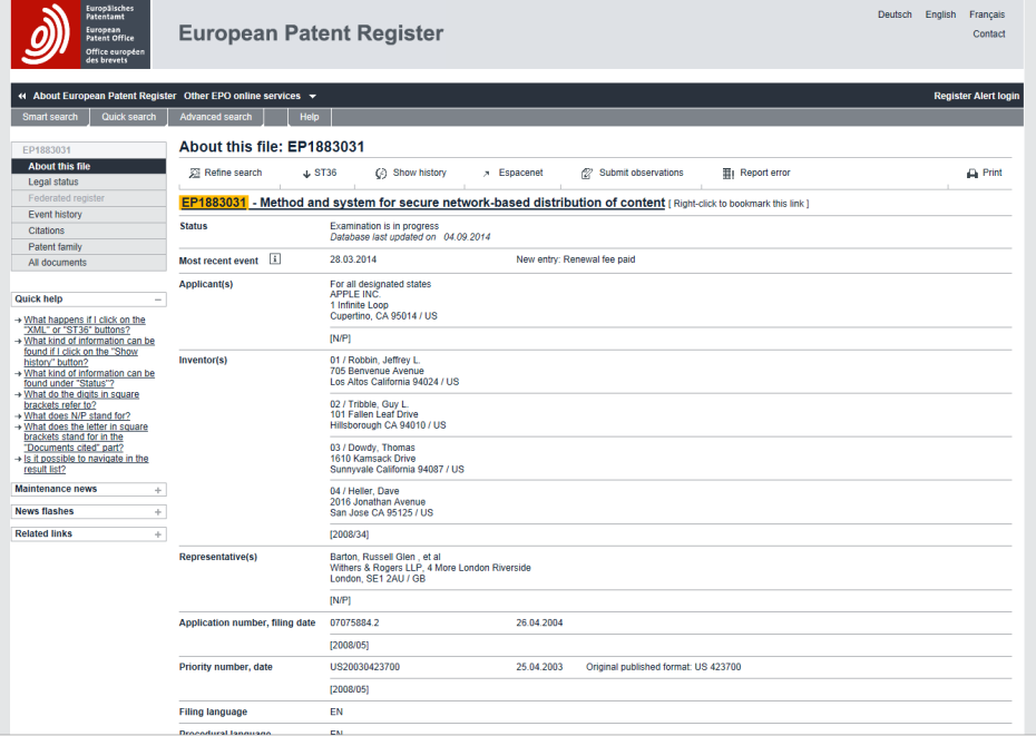 Rechtsstandsüberwachungen von Patentanmeldungen und Patenten Bsp: Europ.