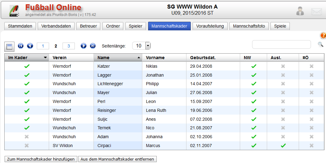 Spieler der Mannschaft Im Hauptmenüpunkt Mannschaften im Verein öffnet man die entsprechende Mannschaft. In der o.a. Übersicht sieht man, welche Spieler aktiv sind und welche nicht, Mädchen dürfen in gemischten Mannschaften 1 Jahr älter sein als der Stichtag.