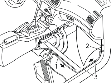 13A Abbildung A betrifft S60/V70/XC70 Den Kabelbaum verlegen: unter der aufgeschnittenen Lasche (1) der Matte am linken vorderen Halter des rechten Sitzes.