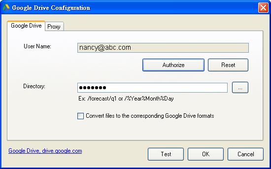 Configuration (Konfiguration): Um Ihr gescanntes Bild auf einen Netzwerkdateiserver hochzuladen, müssen Sie Setup (Einrichtung) auswählen und Ihre Kontodaten angeben. Um z. B. ein Bild an Google Drive hochzuladen, müssen Sie sich für ein Konto auf der Google-Webseite anmelden.