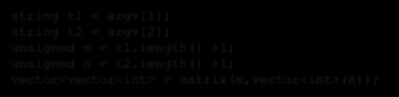 Bemerkungen zu Aufgabe 3 (II) Dynamische Speicherallokation: Nicht erlaubt (nach ISO-Standard): string t1 = argv[1]; string t2 = argv[2]; unsigned m = t1.length() +1; unsigned n = t2.