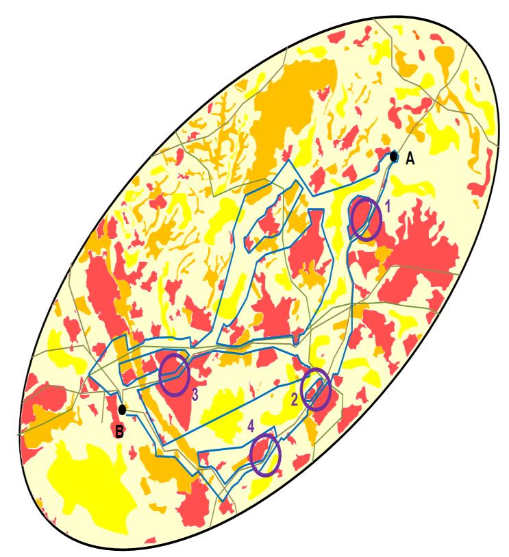 hoch: rot hoch: orange mittel: gelb nicht qualifizierbar: blassgelb Bündelungspotenziale (Linienzüge) Grobkorridorabgrenzung (blau) auf Basis der - Raumwiderstandsanalyse - Bündelungsanalyse unter