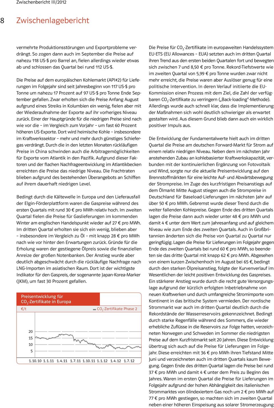 Die Preise auf dem europäischen Kohlemarkt (API#2) für Lieferungen im Folgejahr sind seit Jahresbeginn von 117 US-$ pro Tonne um nahezu 17 Prozent auf 97 US-$ pro Tonne Ende September gefallen.